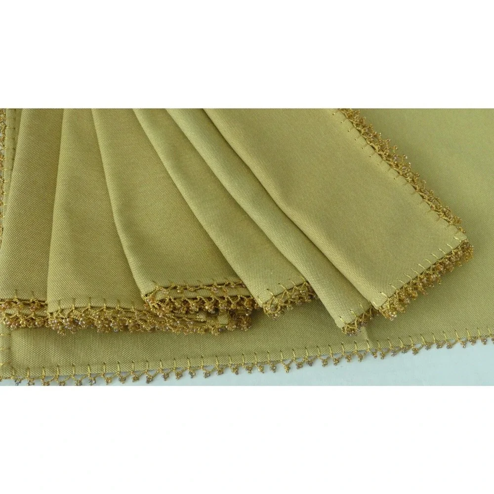 Gold Placemat and Napkin Set 12pc Beaded Crochet Trim Table Linens Service for 6